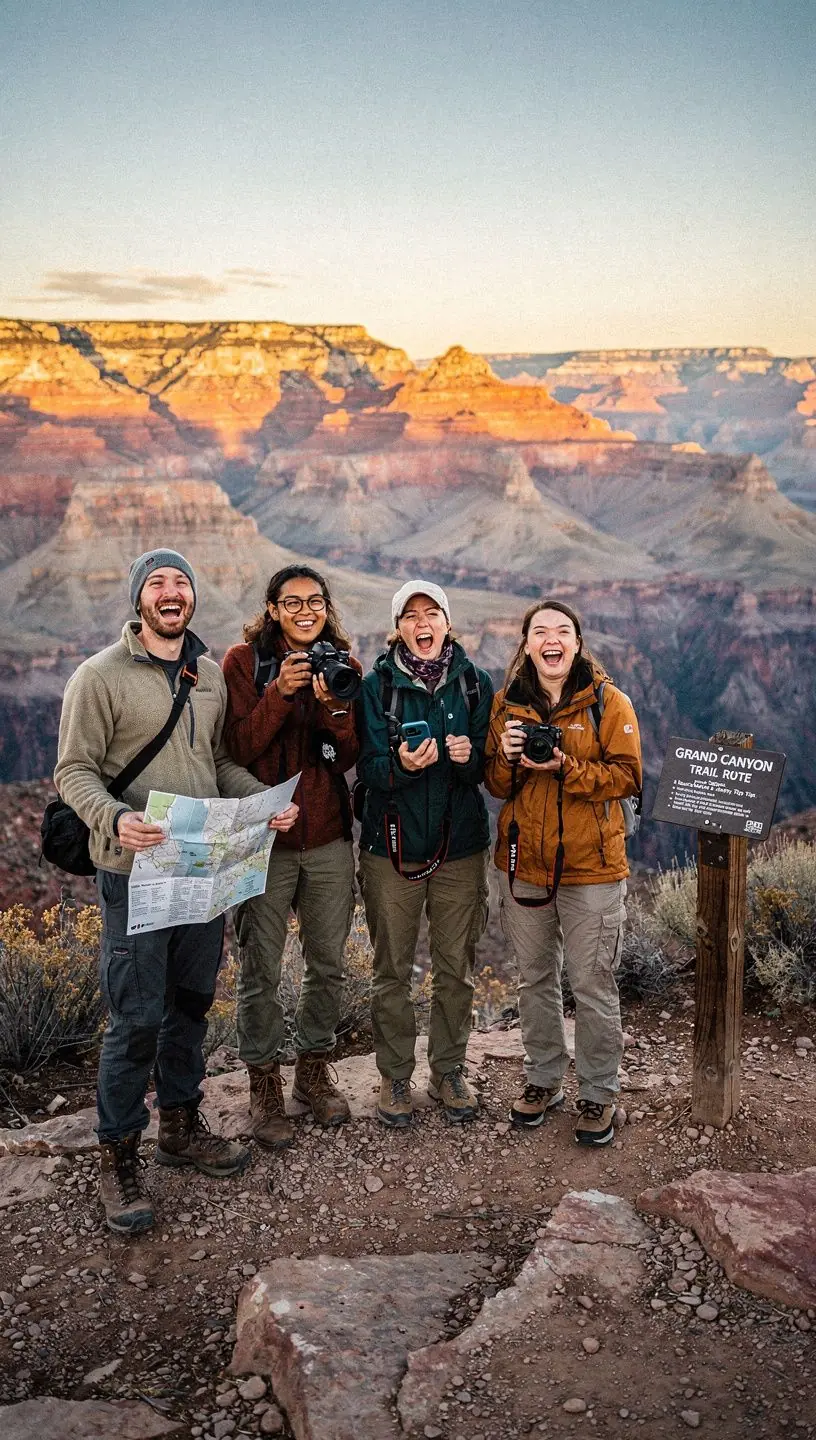 Zdjęcie grupy turystów korzystających z planu podróży w malowniczej okolicy.