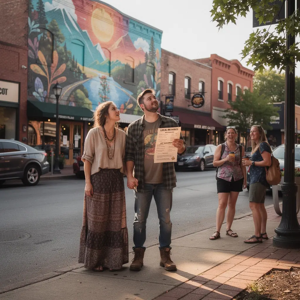 Zdjęcie pary podróżników, którzy korzystają z offline'owego przewodnika w parku narodowym.